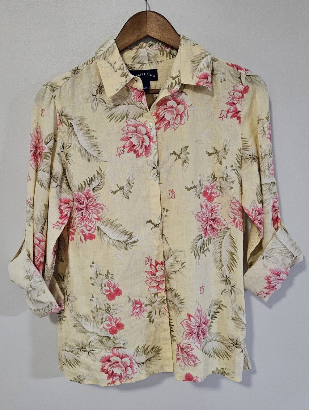 Charter Club 100% Linen Long Sleeve Floral Button Down Shirt 8